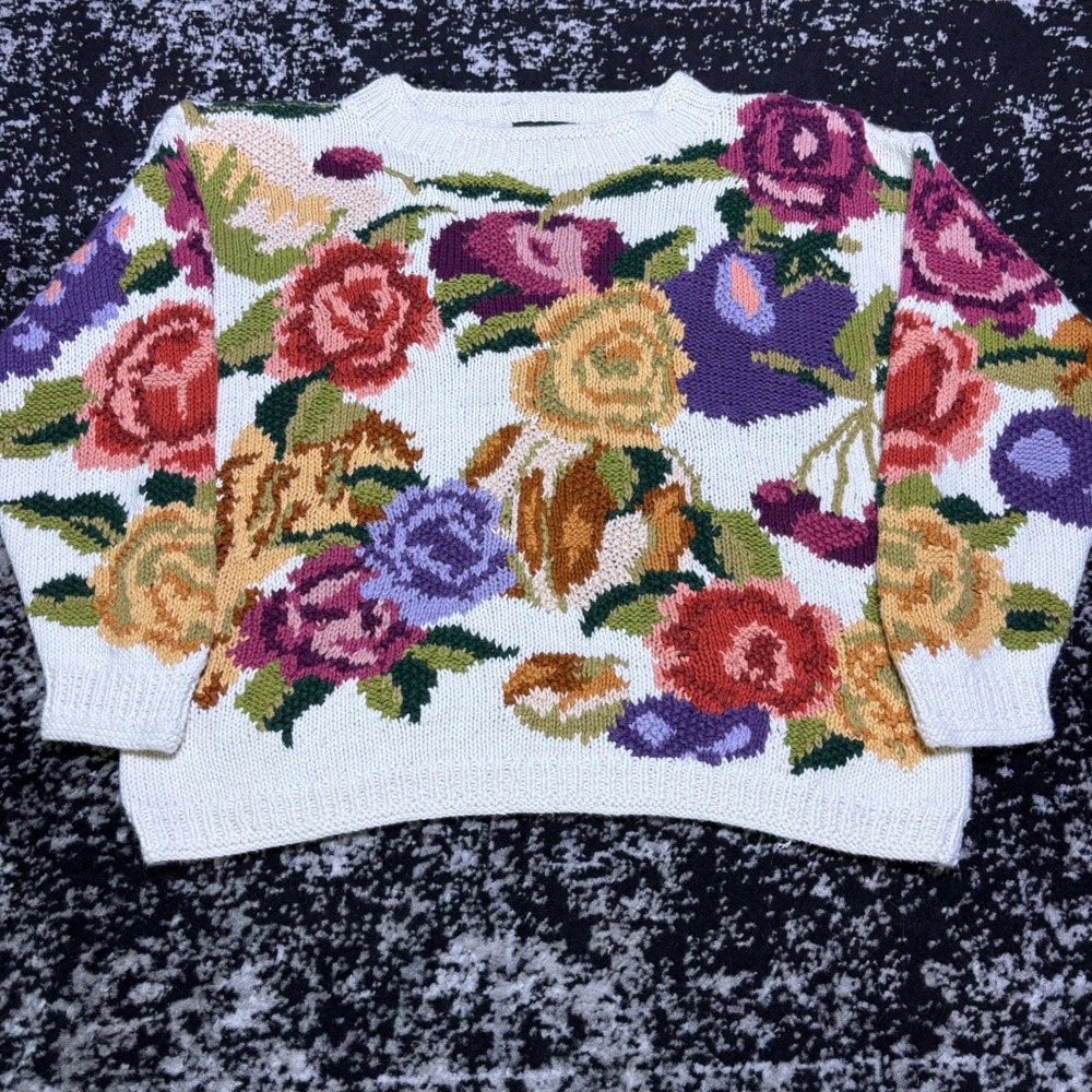 Vintage Cullinane Hand Knitted Floral Sweater Ramie Cotton Crewneck Large